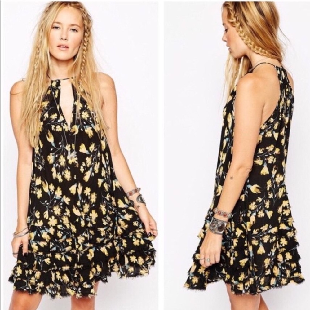 ☀️Intimately Free People Ruffled Hem Yellow and Black Floral Print Dress